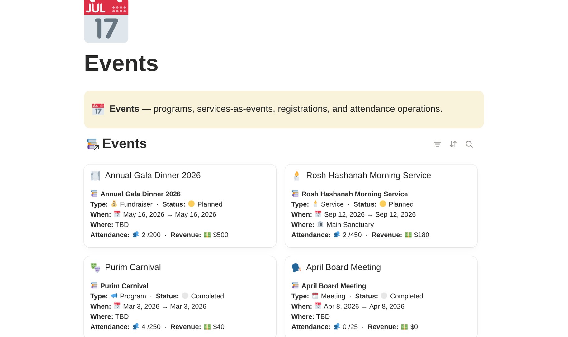 Screenshot: Upcoming events